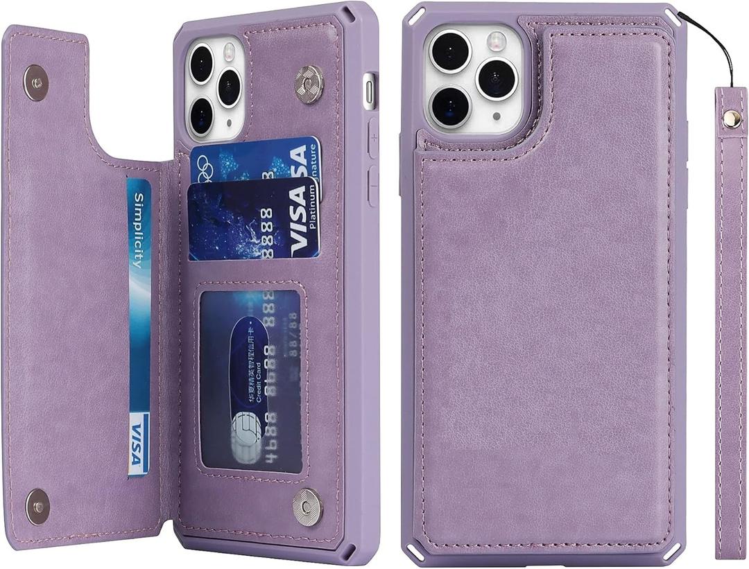 iCoverCase Compatible with iPhone 11 Pro 5.8 Inch Wallet Phone Case with Card Holder for Women, RFID Blocking Embossed PU Leather Wrist Strap Case (Macaron Purple)