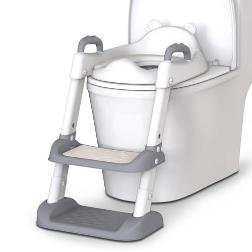 HBTower Potty Training Seat with Step Stool Ladder for Toddlers, Adjustable Kids Toilet Seat with Splash Guard, Anti-Slip Pads & Safety Handles, Comfortable Potty Chair for Boys & Girls (Grey)