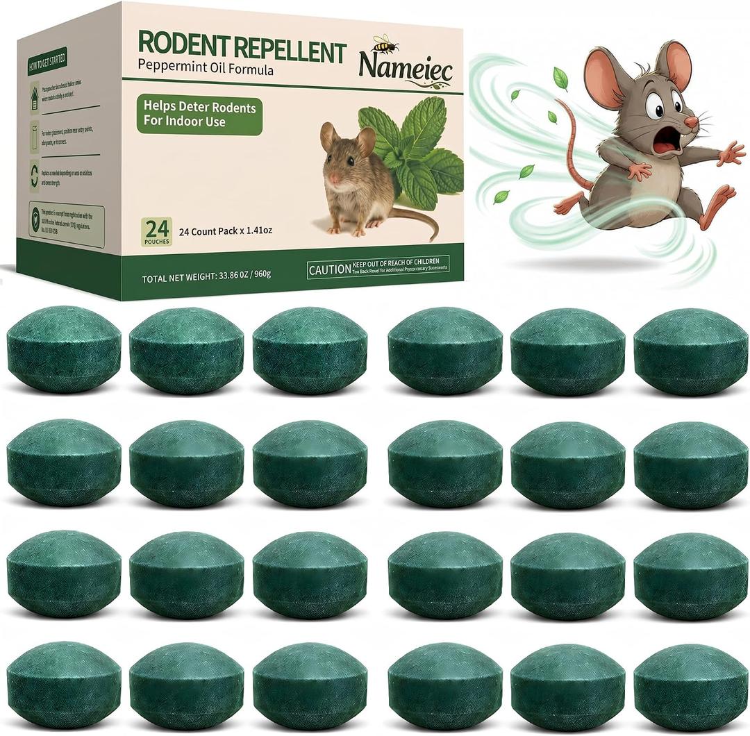 Rodent Repellent for Mice & Rats, 1.41 Oz 24pc, Peppermint Oil Repellent for Rat Mice, Ant, Roach, Spider, Squirrel, for House, Garage, Car Engine, RV, Attic, Basement, Indoor & Outdoor Use
