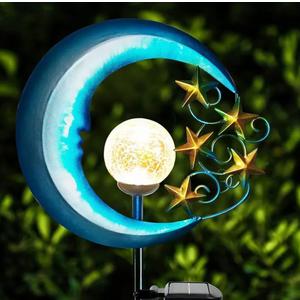 Stars Moon Solar Lights Outdoor - Solar Powered Garden Lights Decorative Crackle Glass Globe Led Waterproof Landscape Lighting for Pathway, Yard, Lawn, Patio