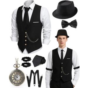 1920s Mens Costume, Roaring 20s Costumes for Men, Fedora Hats for Men 1920S Mens Outfit with Hat, Vest,Pocket Watch (XX-Large, Black)