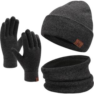 Winter Beanie Hat Scarf Touchscreen Gloves Set for Men and Women, Beanie Gloves Neck Warmer Set with Warm Knit Fleece Lined (Black)