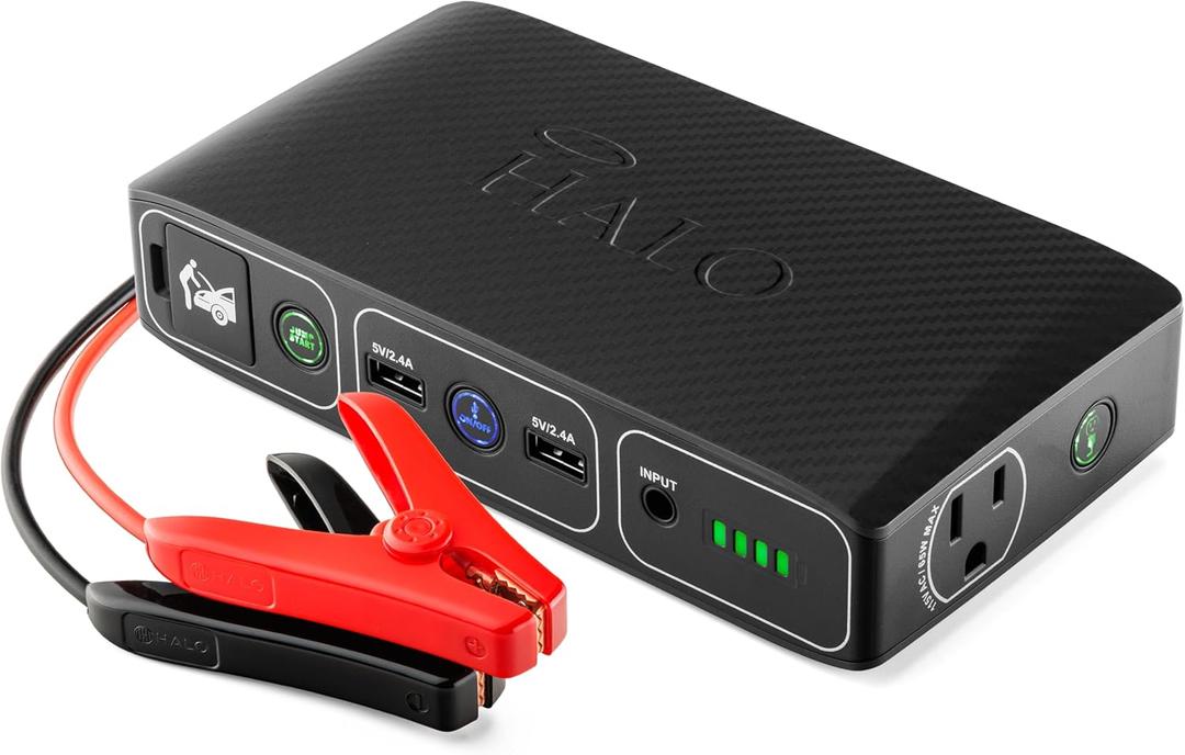 HALO Bolt 58830 ACDC Portable Car Battery Jump Starter | 58.8Wh USB Power Bank with AC Outlet, Emergency Floodlight & Charger, Jumps Cars SUVs & Trucks, Powers Phones & Laptops, TSA Approved  Black