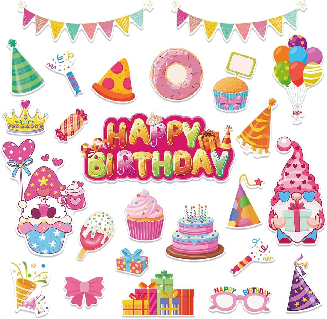 25 Pieces Happy Birthday Magnets, Birthday Cruise Door Magnets Decorations Cake Balloons Gnomes Magnetic Stickers Birthday Car Magnets for Birthday Fridge Metal Door Garage Car Decor, ZS182