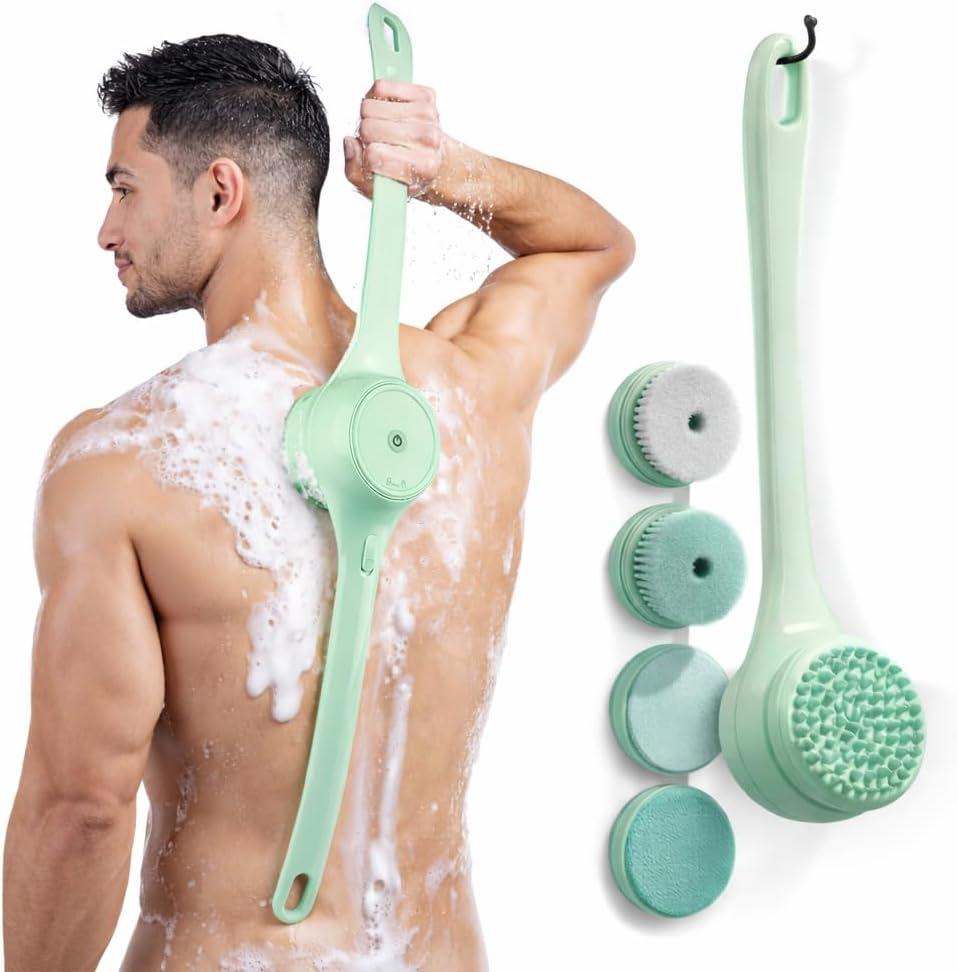ME JO Electric Body Brush Back Scrubber for Shower | Massaging Spin Brush | 5 Replacement Heads | Waterproof | Rechargeable |Shower Back Scrubber for Men Women | Exfoliating Bath Brush(Green)