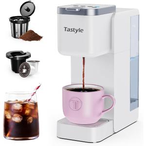 Single Serve Coffee Maker, Iced and Hot Coffee Machine for K Cup & Grounds, Compact Design, 40oz Removable Water Reservoir, 6 to 24 Oz Brew Sizes, Fits 7.3" Travel Mug, White