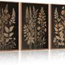 HLNIUC Vintage Botanical Fern Framed Canvas Wall Art Set,Black and Tan Plant Leaves Wall Decor,Modern Farmhouse Art Print,Neutral Minimalist Herb Floral Wall Painting for Living Room,Office - 24x36x3
