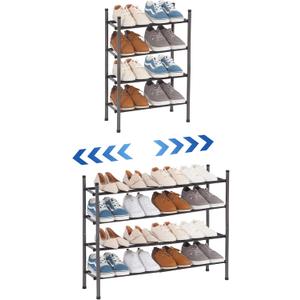 STORAGE MANIAC Expandable Shoe Rack, 16 Pairs Stackable Small Shoe Rack, Metal Adjustable Shoes Organizer for Closet, Entryway, Hallway, Garage, Front Door, Shoes Shelves, Black 4 Tier