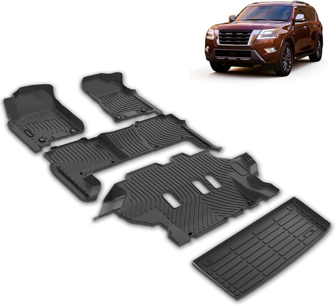 All Weather Car Floor Mats & Cargo Liner Set Fit for Nissan Armada & Infiniti QX80 8 Seats 2019 2020 2021 2022 2023 2024 Floor Liners Trunk Liner Armada Cargo Mat Accessories Black