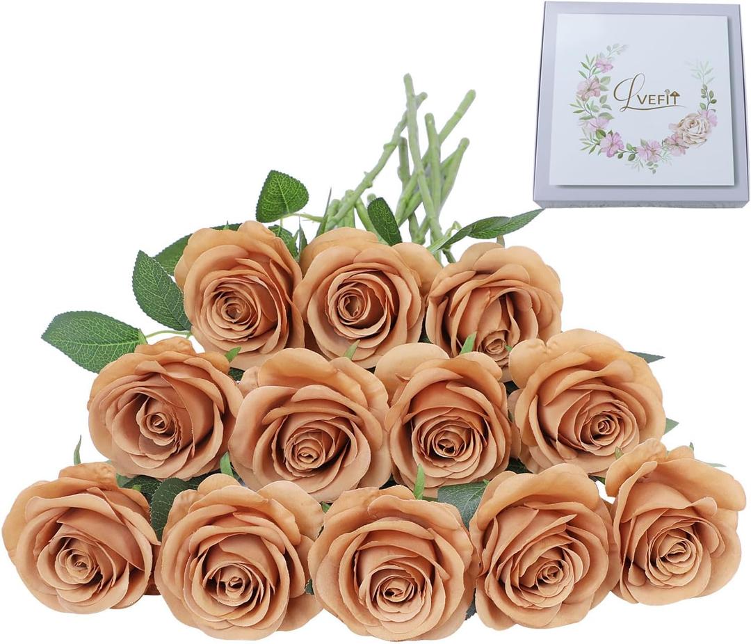 LVEFIT Artificial Rose Flower Artificial Flowers Flower with Long Stem Silk Roses Bouquet for Wedding Bridal Shower Party Home Decoration (Terracotta, 12 Pcs)