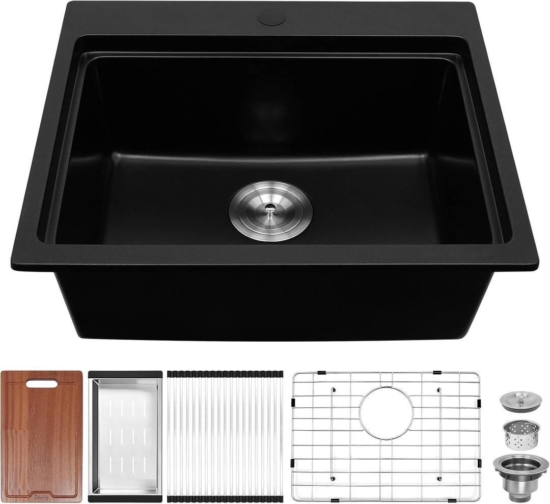 Davivy 22 X 19 Matte Black Granite Composite Dual Mount Kitchen Sink, 22 Inch Black Quartz Kitchen Sink,Undermount & Drop in Installation, Single Bowl Design with Accessories