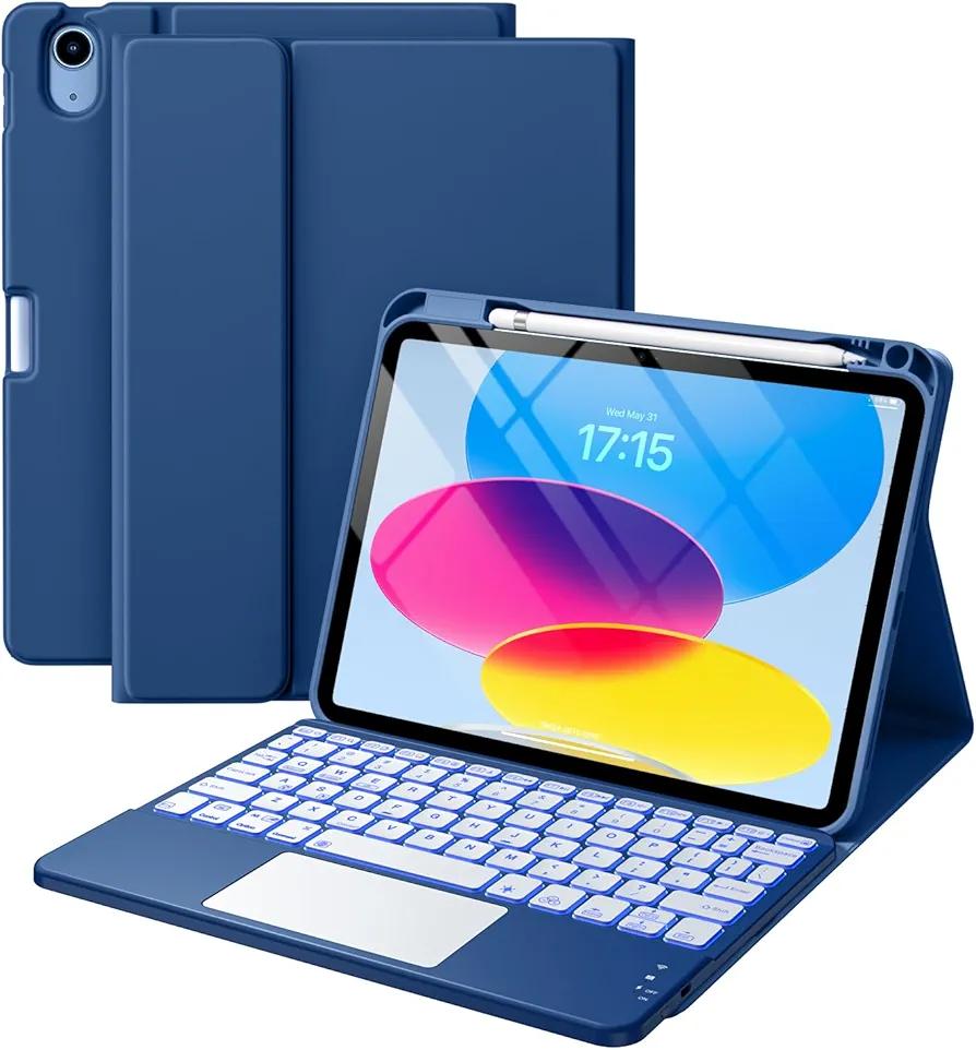 Compatible for iPad 11th 10th Generation Case with Keyboard, Folio Cover with Pencil Holder, Multi-Touch Trackpad, 7 Color Backlit, Detachable Keyboard for iPad (A16) 11th/10th Gen (Navy Blue)