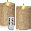 Retisee 2 Pcs Valentine's Day Glitter Flameless Candles, 3.5'' x 5'' Realistic Artificial Metallic Flame LED Candles Battery Operated Candle with Remote for Wedding, Birthday(Ivory)