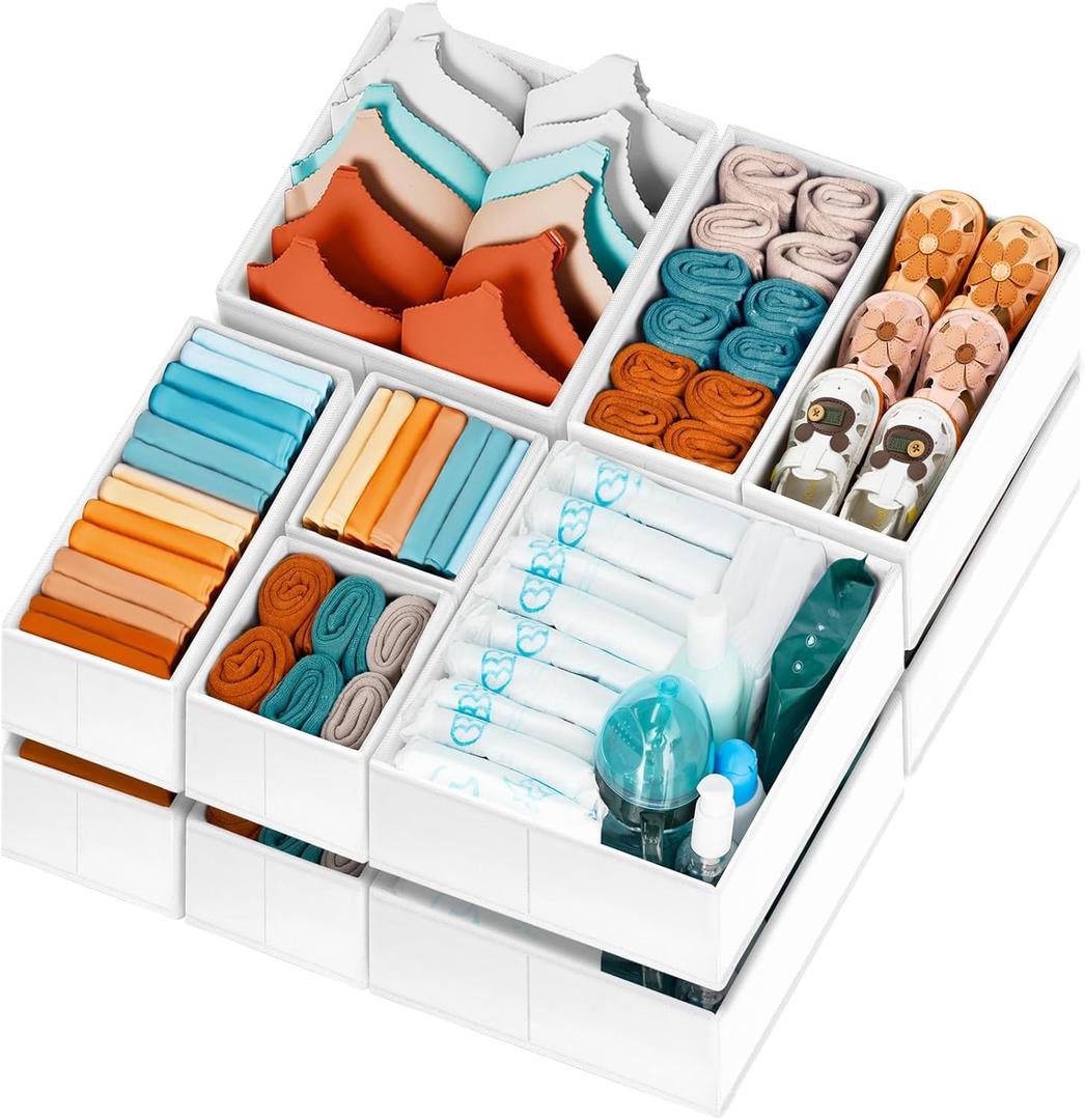 Criusia Drawer Organizer Clothes 12 Pack - Dresser Organizer Bins for Closet Bedroom Nursery Organization- Drawer Organizer Divider for Sock Underwear Bra Baby Clothes - Dorm Room Essentials (White)