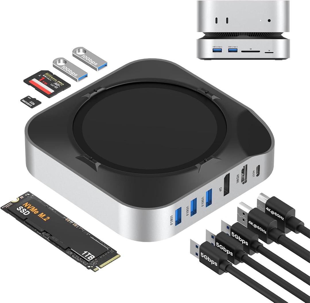 Mac mini M4 Dock with NVMe SSD Enclosure, Docking Station Dual Monitor for Mac mini M4/M4 Pro, 6-Port USB-C Hub with 4K60Hz HDMI, DisplayPort, SD/TF Card Reader, 10Gbps USB-A