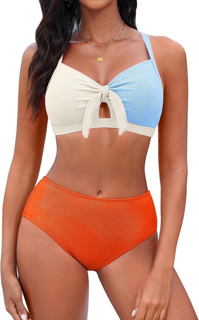 Blooming Jelly Womens High Waisted Bikini Sets Tie Knot Tummy Control Swimsuits Two Piece Bathing Suit Textured Swimwear (Medium, Color Block C5)