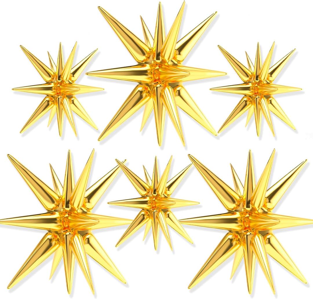 PartyWoo Gold Star Balloons 6 pcs, One-Piece 14-pointed Star Explosion Balloons with Ribbon, Gold Point Star Foil Balloons, Large Mylar Balloons Fireworks Shape (27 & 22 inch)