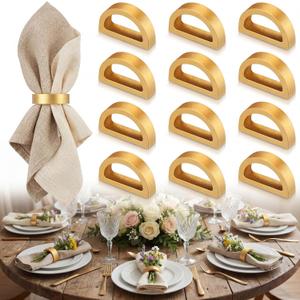 LemonRoad 24 Set Gold Napkin Rings Boho Wedding Wooden Napkin Holders Handmade Dining Buckles Farmhouse Semicircle Serviette Ring Bulk for Table Decoration Banquet Anniversary Party Decor