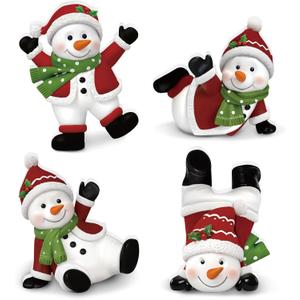 4 Pcs Christmas Snowman Figurines Table Top Set Sitting Laying Standing Tabletop Decoration Wooden Snowman Statue Decor for Winter Holiday Mantle Desk Shelf Party Decoration