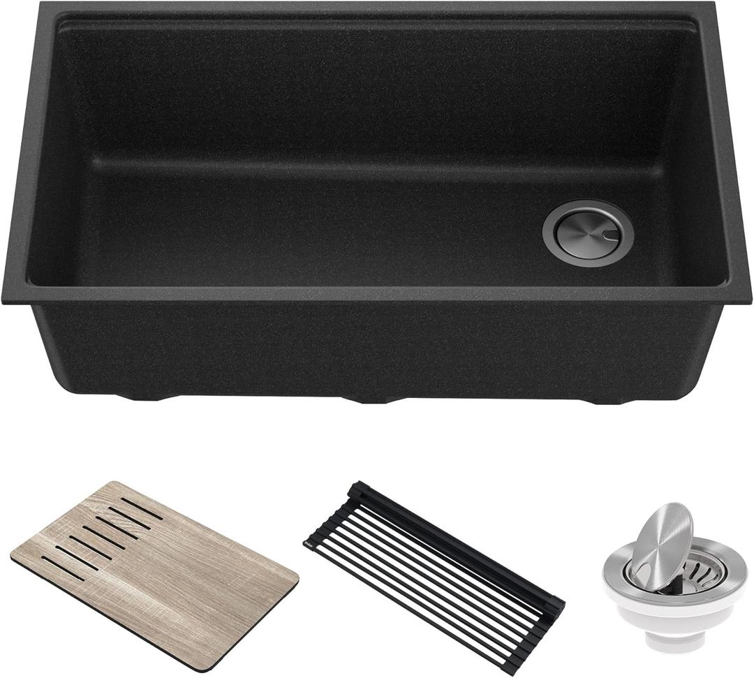 KRAUS Bellucci 32 in. Undermount Workstation Granite Kitchen Sink in Metallic Black with Accessories, KGUW2-33MBL