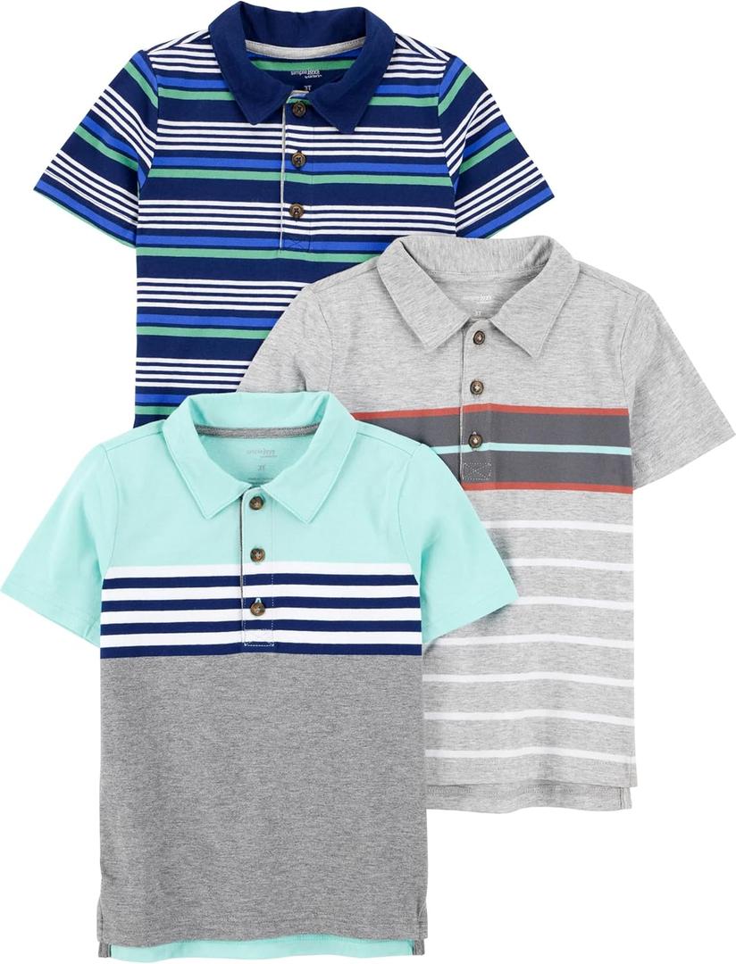 Simple Joys by Carter's Boys 3-Pack Short Sleeve Polo (4T, Blue Placed Stripe/Grey/Navy Stripe)