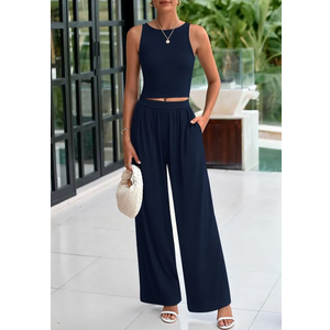 PRETTYGARDEN Spring Two Piece Sets For Women 2025 Ribbed Knit Crew Neck Sleeveless Tank Tops Wide Leg Pants Casual Lounge Set (Dark Blue,S)