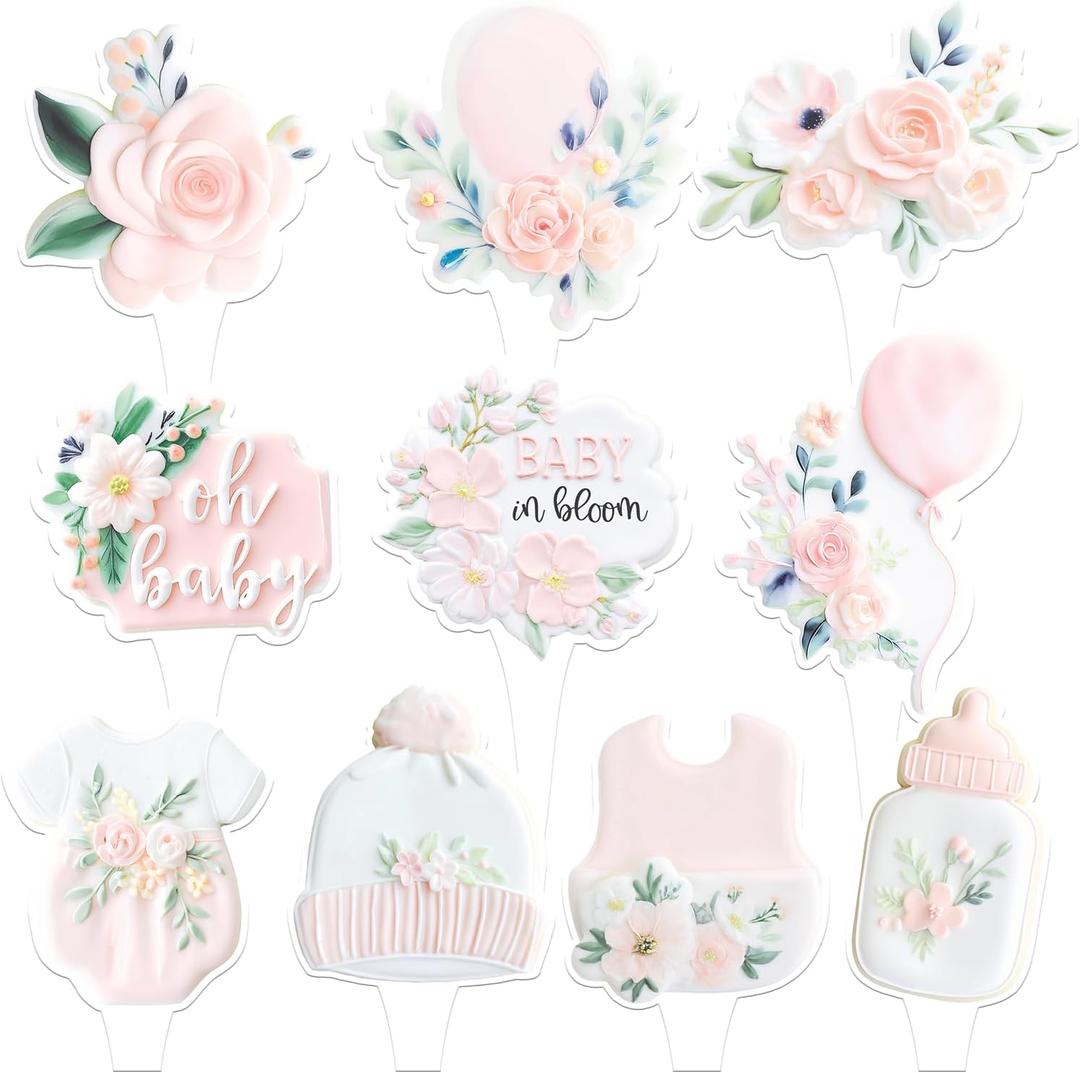 Baby in Bloom Cupcake Toppers (30 Pack) Floral Baby Shower Decorations, Garden Theme Cupcake Picks, Pink Blush Wildflower Dessert Toppers for Girl Baby Shower Party decor