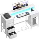 47 Inch Computer Gaming Desk with Power Outlets LED Lights Reversible Home Office with Adjustable Fabric Storage Drawers for Working Writing Study, White