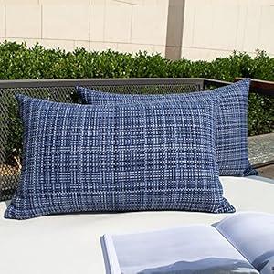 Kevin Textile Outdoor Waterproof Throw Pillow Covers 12x24 Inch Pack of 2 Woven Faux Linen Farmhouse Decorative Water Resistant Lumbar Cushion Covers for Tent Patio Garden Couch Sofa Navy Blue