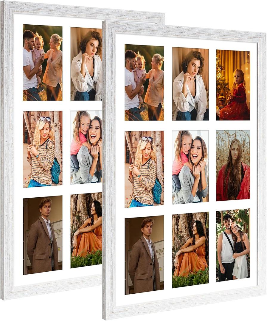13.5x19.5 Collage Frame with 9 Openings 4X6 Pictures, Multiple Picture Frame with Mat, Wall or Tabletop Decor, White Wood Grain,2 Pack