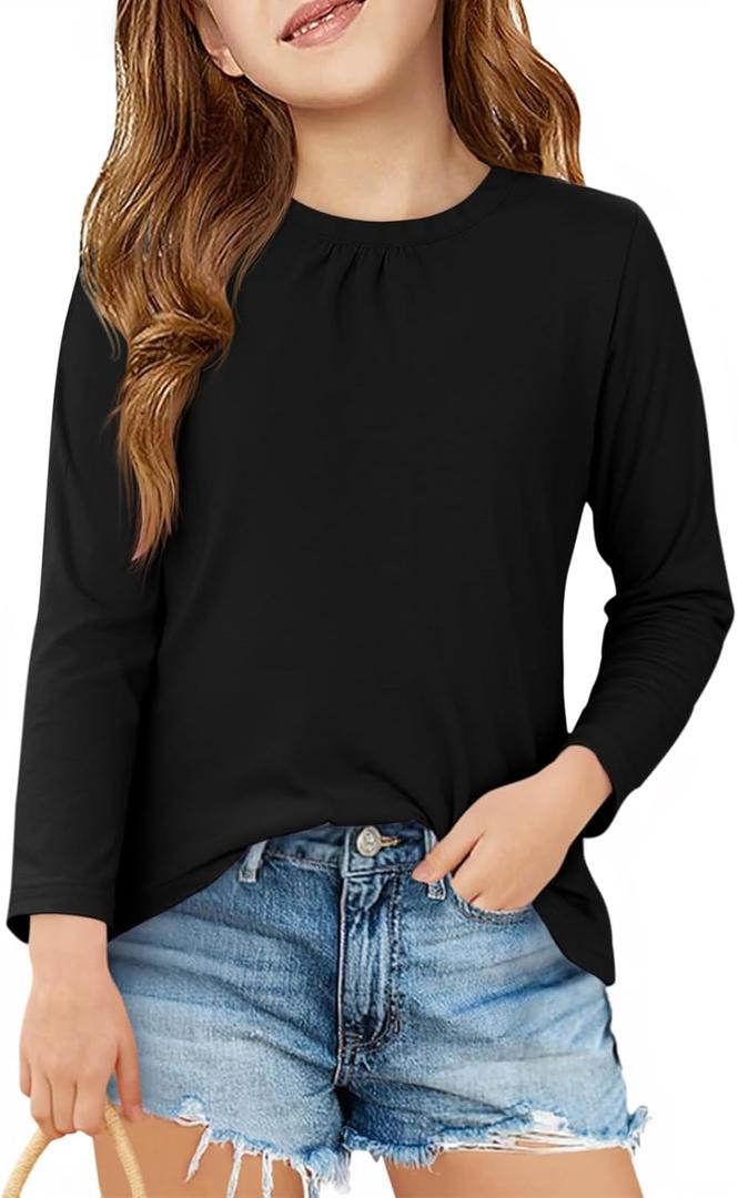 3 x Haloumoning Girls Long Sleeve Tees Kids Casual Crewneck Pleated T Shirts Cute Fall Tops 5-14 Years (Black)