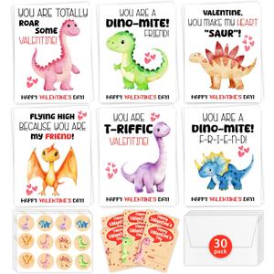 HIDEGRASS Dinosaur Valentine's Day Cards for Kids Classroom, 30 Pack Valentine Cards with 36 Stickers & 30 Envelops, Valentines Gifts for Boys Girls