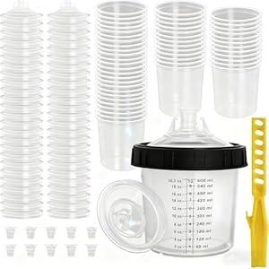 Qopaw PPS Paint Spray Gun Disposable Cups System, 600ml (20oz) Automotive Paint Mixing Kit, 50 Liners & Lids, 125 Micron Strainer, Hard Cup for HVLP & LVLP Spray Guns