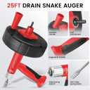 XJX Drain Auger, Plumbing Snake with Drill Adapter, 25FT Flexible Steel Drain Clog Remover, Manual or Powered for Kitchen, Bathroom & Shower Sink, with Gloves and Storage Bag Red