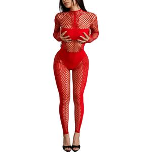 Fishnet Jumpsuit for Women Long Sleeve See Through Mesh Bodysuit Clubwear One Piece Stretchy Outfit (Small-Medium, Red)