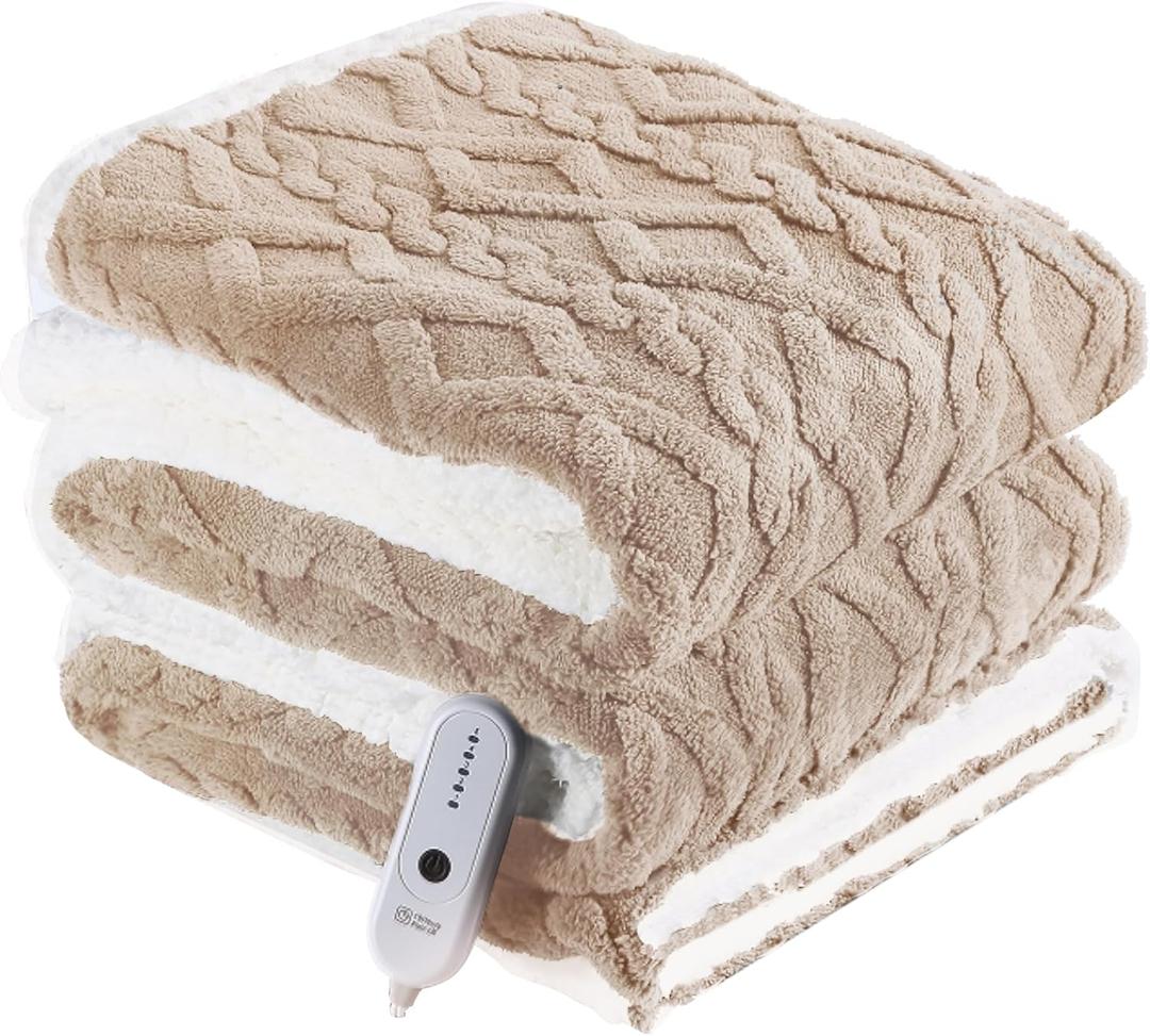 Electric Heated Blanket, 3D Pattern Design, Twin Size Sherpa Super Cozy Heated Blanket with 5 Heating Levels & 10 Hours Auto Off, Beige (Twin-62"x84")