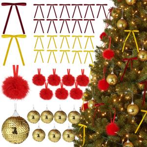 Poen 64 Pcs Christmas Tree Ornaments Set 48 Velvet Christmas Tree Bows 16 Shatterproof Xmas Balls 2.36' Plush Sequins Ball 7' Vintage Bow for Home Xmas Party Winter Supplies(Red,Gold,Yellow)