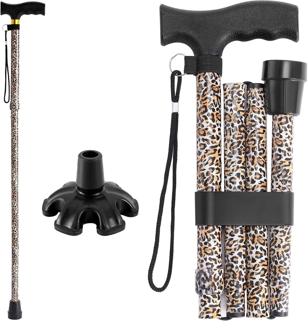 Walking Cane PANZHENG Cane for Man/Woman | Mobility & Daily Living Aids | 5-Level Height Adjustable Walking Stick | Comfortable Plastic T-Handle Portable Walking Stick Folding Cane (Cane-Leopard grain)