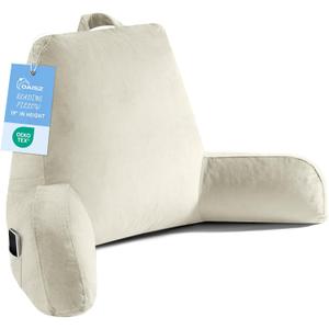 Reading Pillow for Sitting in Bed Adult, Reading Pillow with Shredded Memory Foam, Bed Pillow with Washable Cover, Back Pillow Sitting Up with Extend Arms, Beige, X-Large