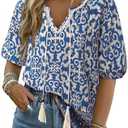 Vivilli Womens Summer Boho Tops Casual V Neck Short Sleeve Blouses Floral Print Shirt Tie Front Flowy Vacation Clothes
 Size M