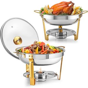 WILPREP Chafing Dishes for Buffet, 2 Pack 5 qt Round Chafing Dish Set with Glass Lids Holders Foldable Frames, Food Grade Stainless Steel Food Warmers for Parties Buffets Banquets, Gold & Silver