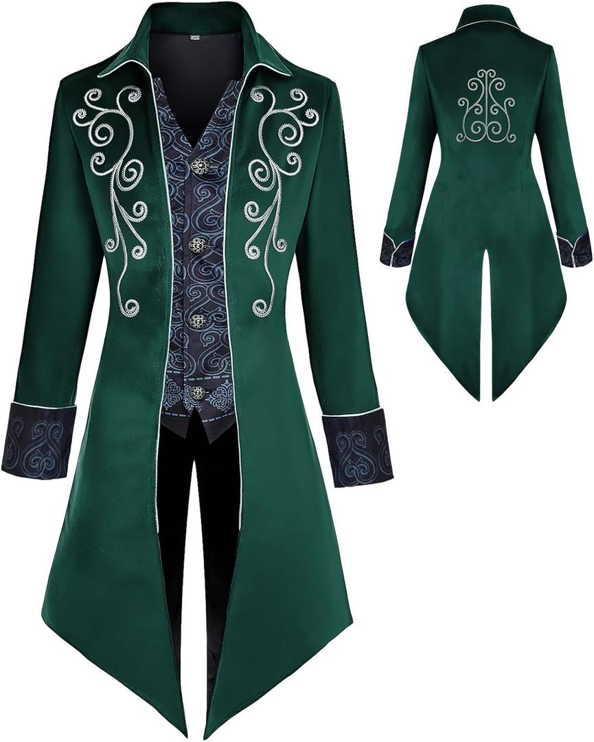 Medieval Clothing Men's Costumes Steampunk Jacket, Victorian Gothic Tailcoat, Halloween Pirate Vampire Costumes (X-Large, Green)