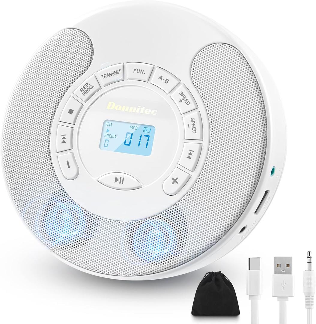 CD Player Portable, Rechargeable Dual Speakers Walkman, Bluetooth CD Player with Backlight LCD Display, AUX/USB Mode, Suitable for car