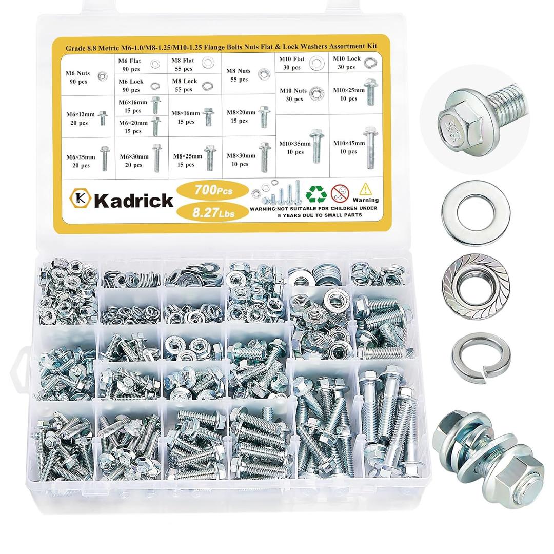 Kadrick 700Pcs Grade 8.8 Metric Bolt Assortment, M6 M8 M10 Flange Hex Heavy Duty Bolts and Nuts Kit,M6 x1.0 M8 x1.25 M10-1.25 (12mm to 45mm),Eco-Friendly Zinc Plated