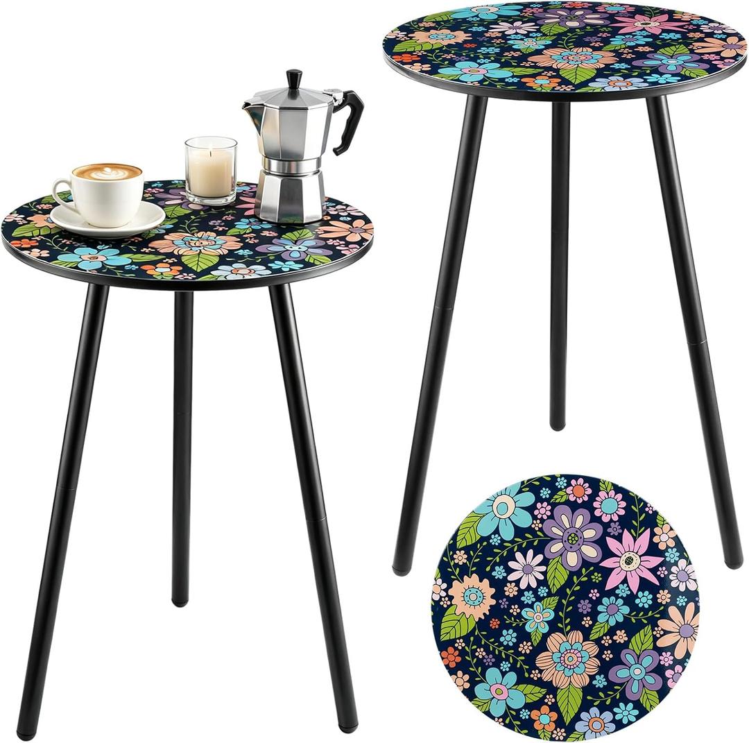 Outdoor Side Table Set of 2 Patio Side Tables for Outside Black End Tables Small Outdoor Table Round Patio End Table Metal Side Table Outside, Indoor, Bedroom, Living Room, Small Spaces, Navy Floral
