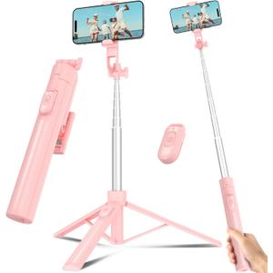 Selfie Stick Travel Tripod for Cell Phone with Remote Control and Phone Holder, Extendable Selfie Stick for iPhone, iPhone Tripod for Video Recording, 63 Inch, Pink
