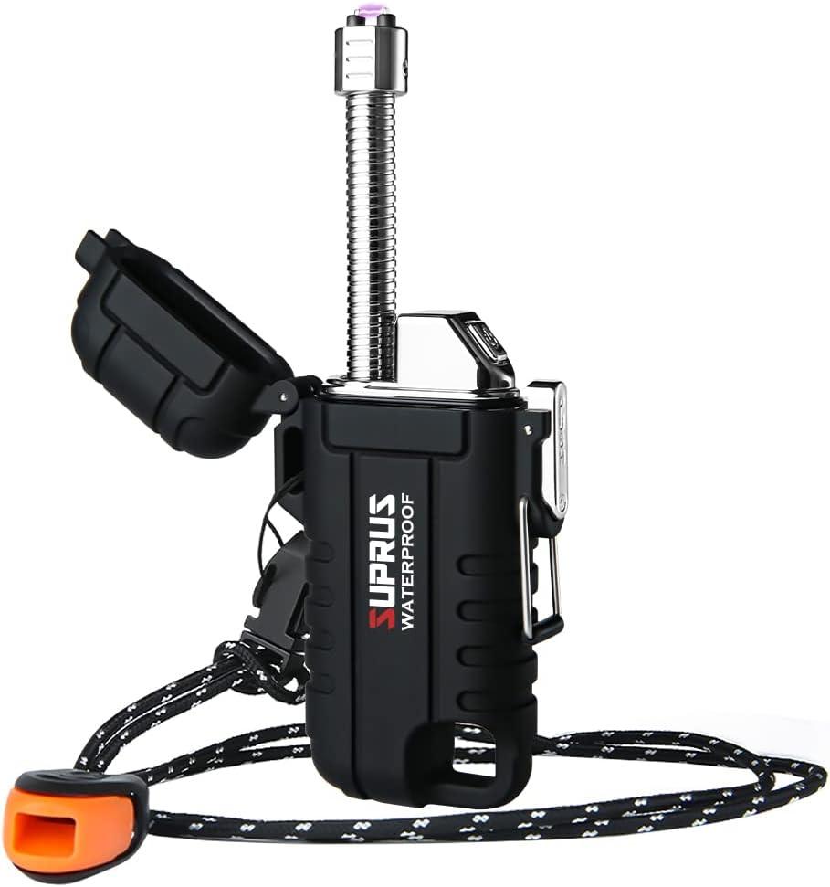 SUPRUS Waterproof Lighter Windproof Lighter Arc Plasma Lighters USB-C Rechargeable with Expandable and Flexible Neck for Outdoor, Camping & Kitchen (Black)