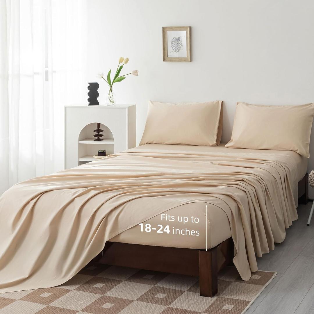 Levoo 100% Cotton Sheets King Size Set 18"-24" Extra Deep Pocket King Sheets Set Soft Breathable Cooling 4Pcs Bed Sheets with 1 Flat Sheet, 1 Fitted Sheet, 2 Pillowcases (King, Beige)