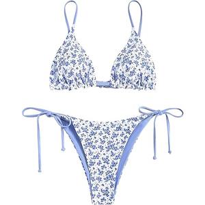 ZAFUL Women's Triangle Bikini Floral String Bikini Set Two Piece Swimsuit Bathing Suits (2-Flag, Blue and White, S)