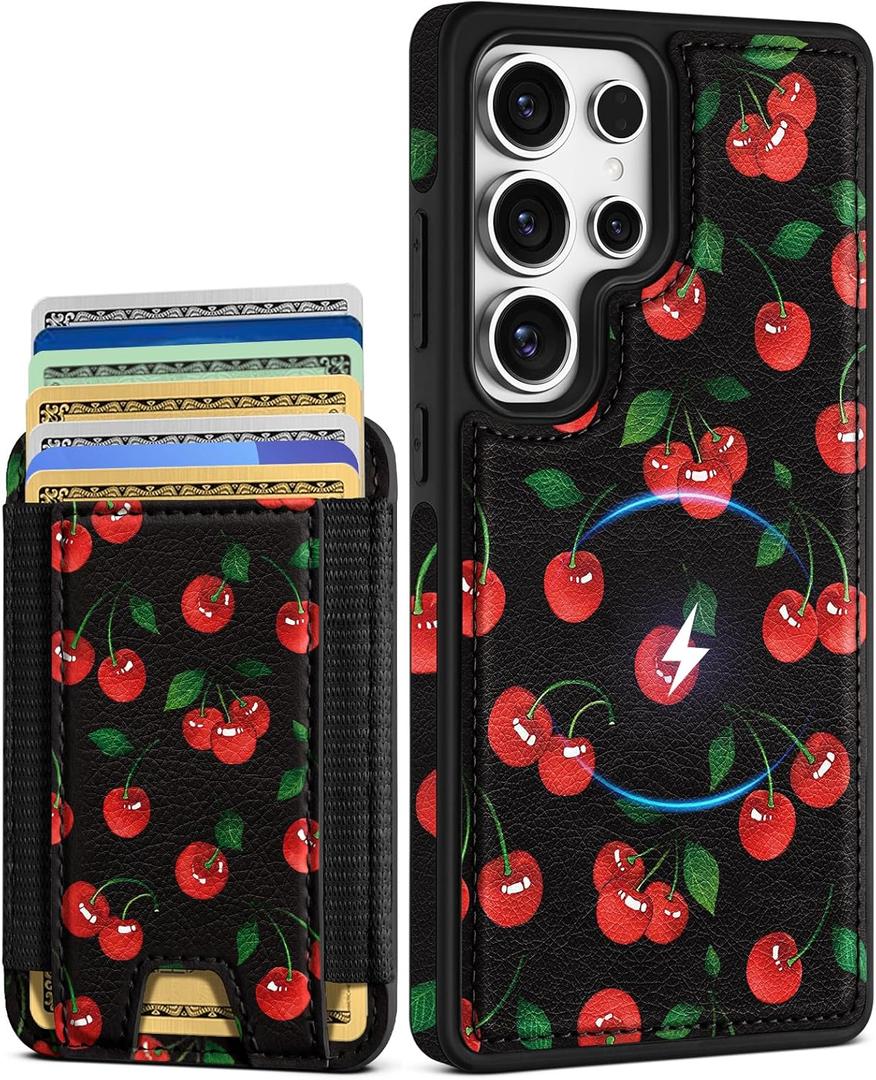 2 x Shorogyt for Samsung Galaxy S25 Ultra Cute Kawaii Leather Phone Case - Compatible with Magsafe Wallet Magnetic Credit Card Holder Fashion Cherry Design Phone Cover for Women Girls, Fits 7 Cards